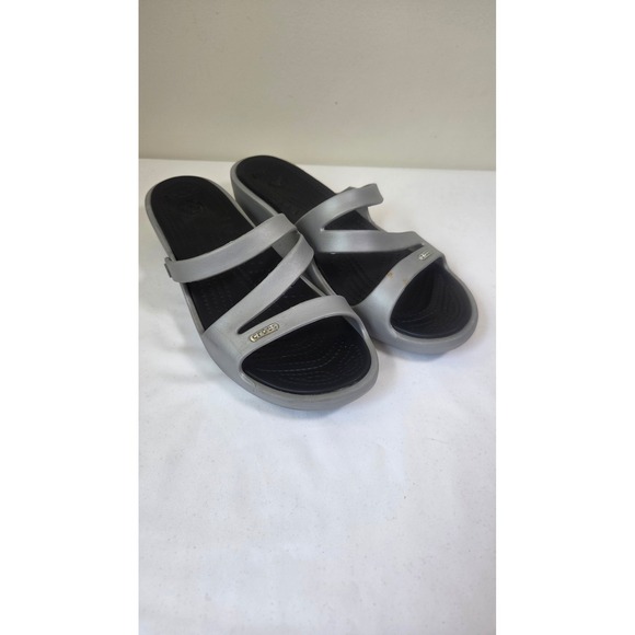 CROCS Shoes - Crocs Patricia Silver Black Wedge Sandals Womens 11 Strappy Slide Comfort Shoes